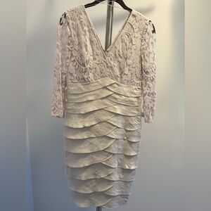 Adrianna Papell Lace & Tiered Long Sleeve Dress in Ivory